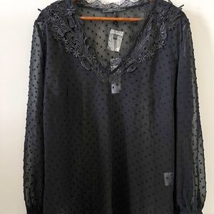 BCBGMaxAzria Swiss Dot Sheer Lace Detail Blouse In Black Size XL
